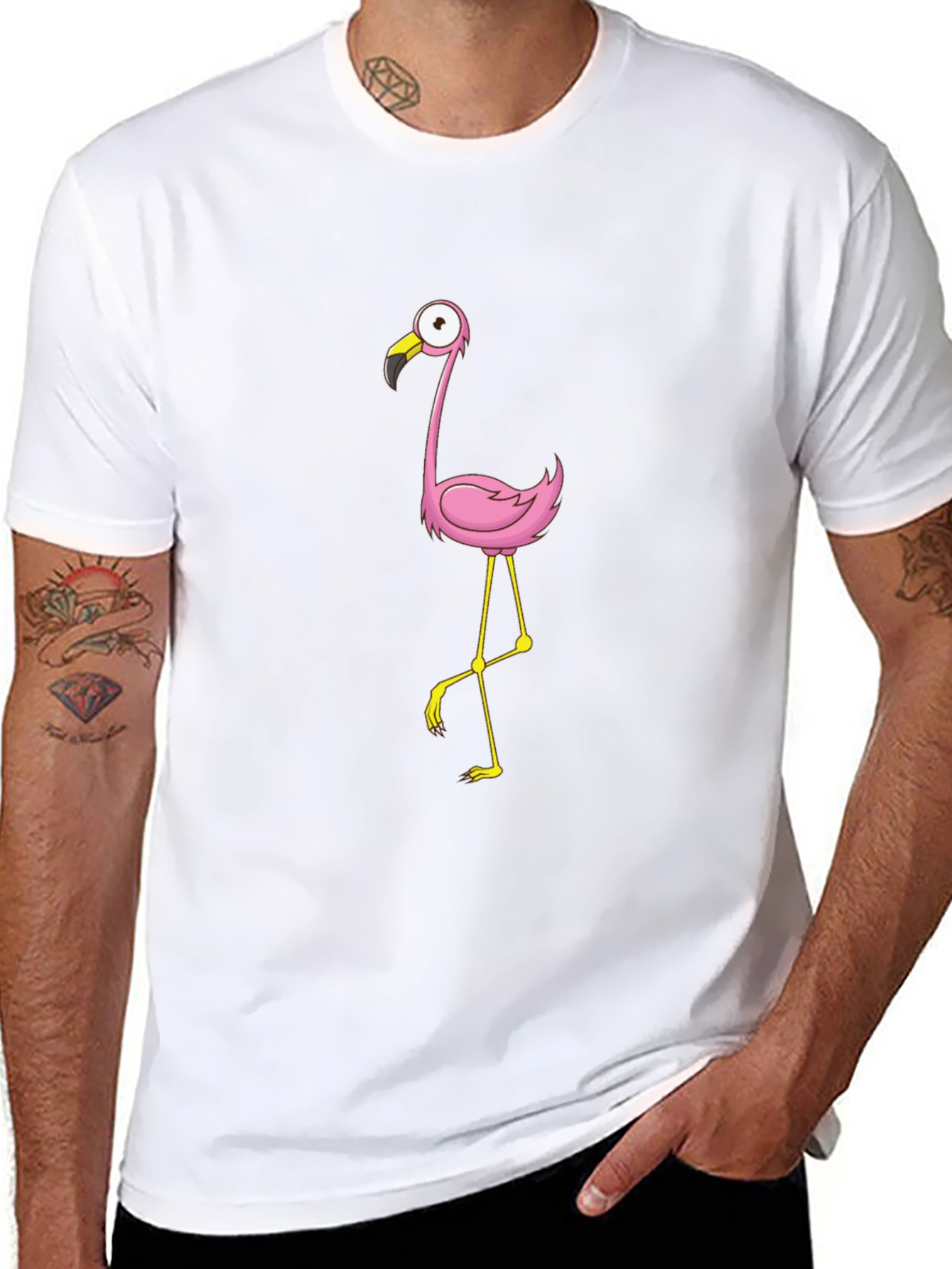 Black Tee with Cartoon Flamingo Design