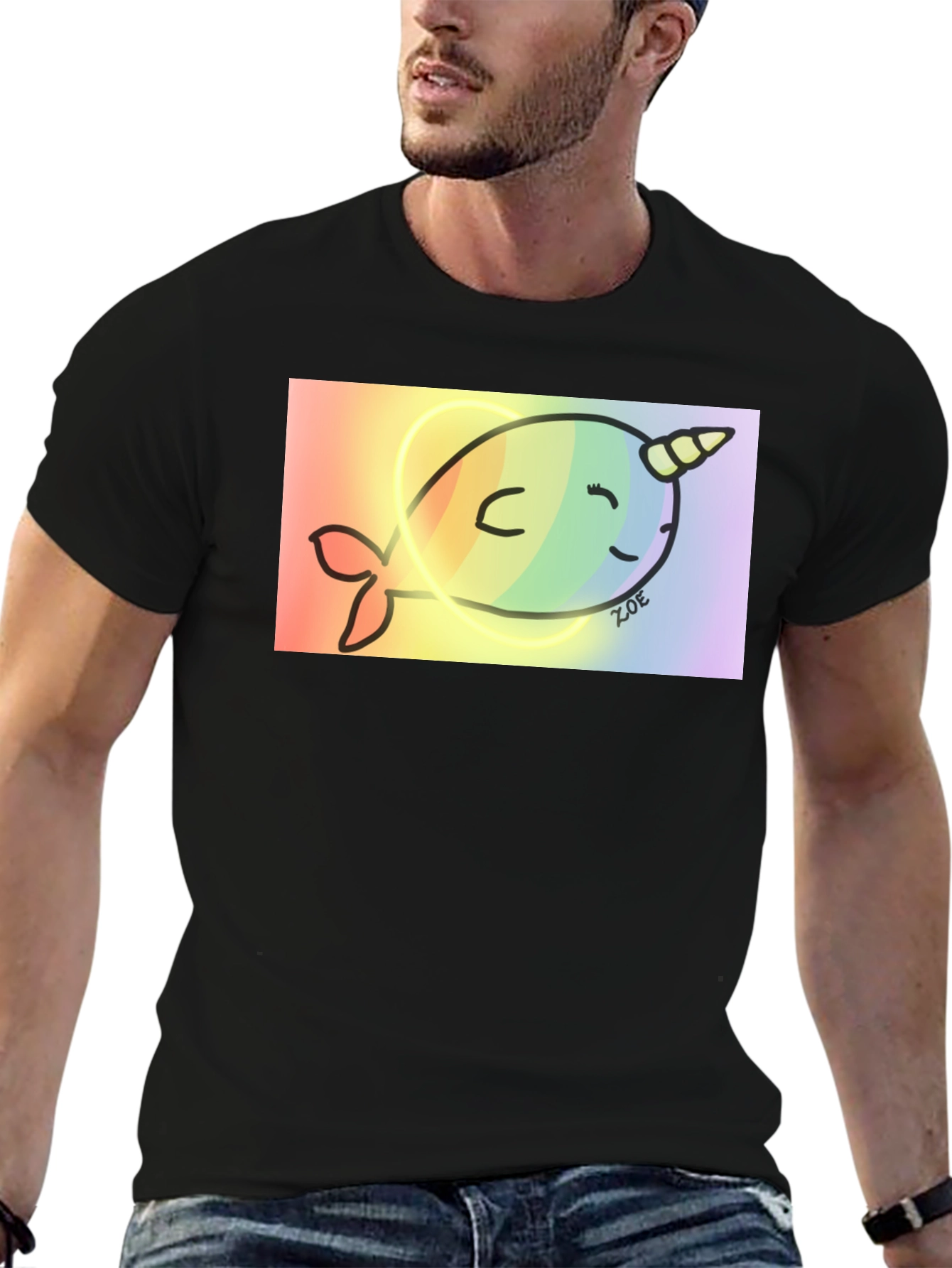 Rainbow Narwhal Graphic Tee - Black Cotton Blend