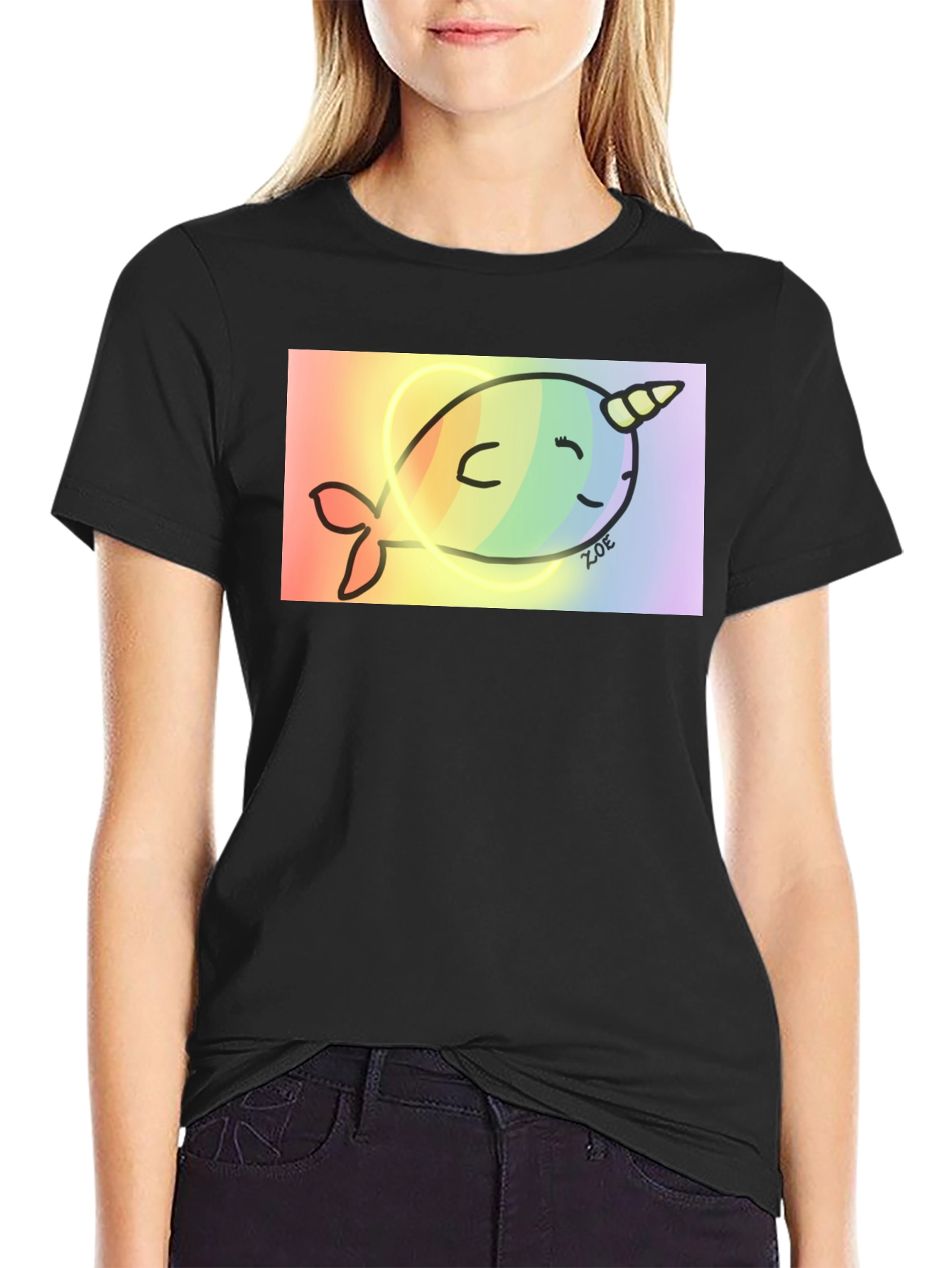 Rainbow Narwhal Graphic Tee - Black Cotton Blend