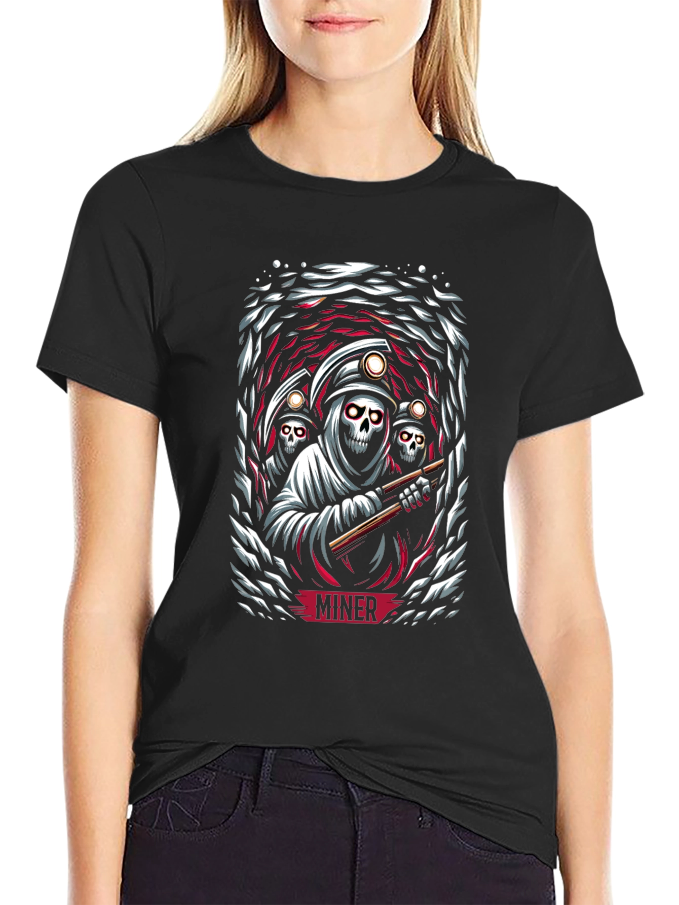 Miner Grim Reaper Graphic Print Black T-Shirt