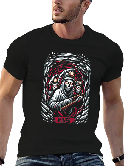Miner Grim Reaper Graphic Print Black T-Shirt