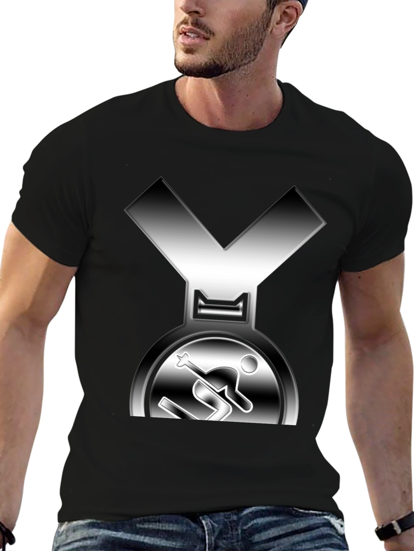 Skiing Medal Graphic Tee - Black Cotton T-Shirt