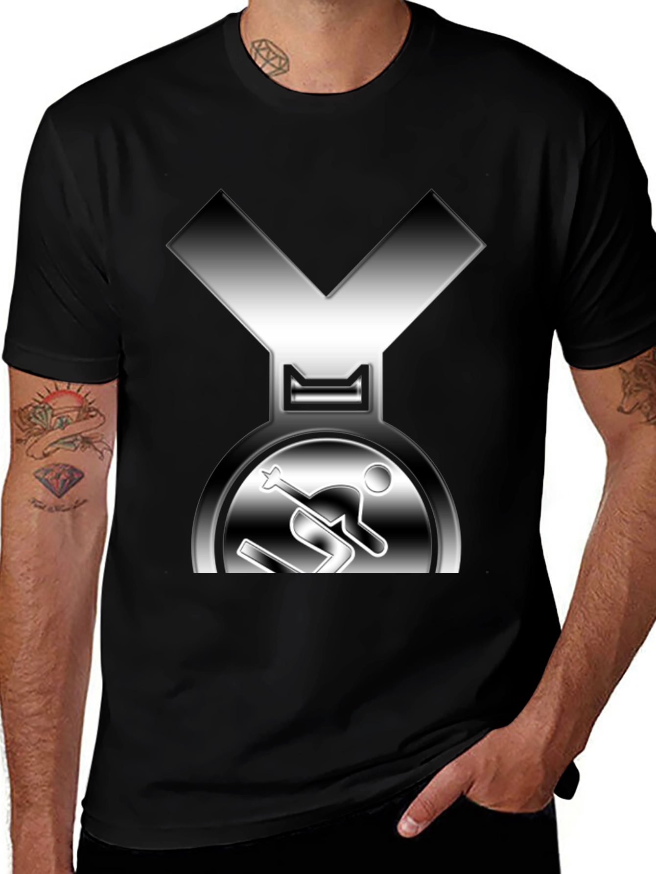 Skiing Medal Graphic Tee - Black Cotton T-Shirt