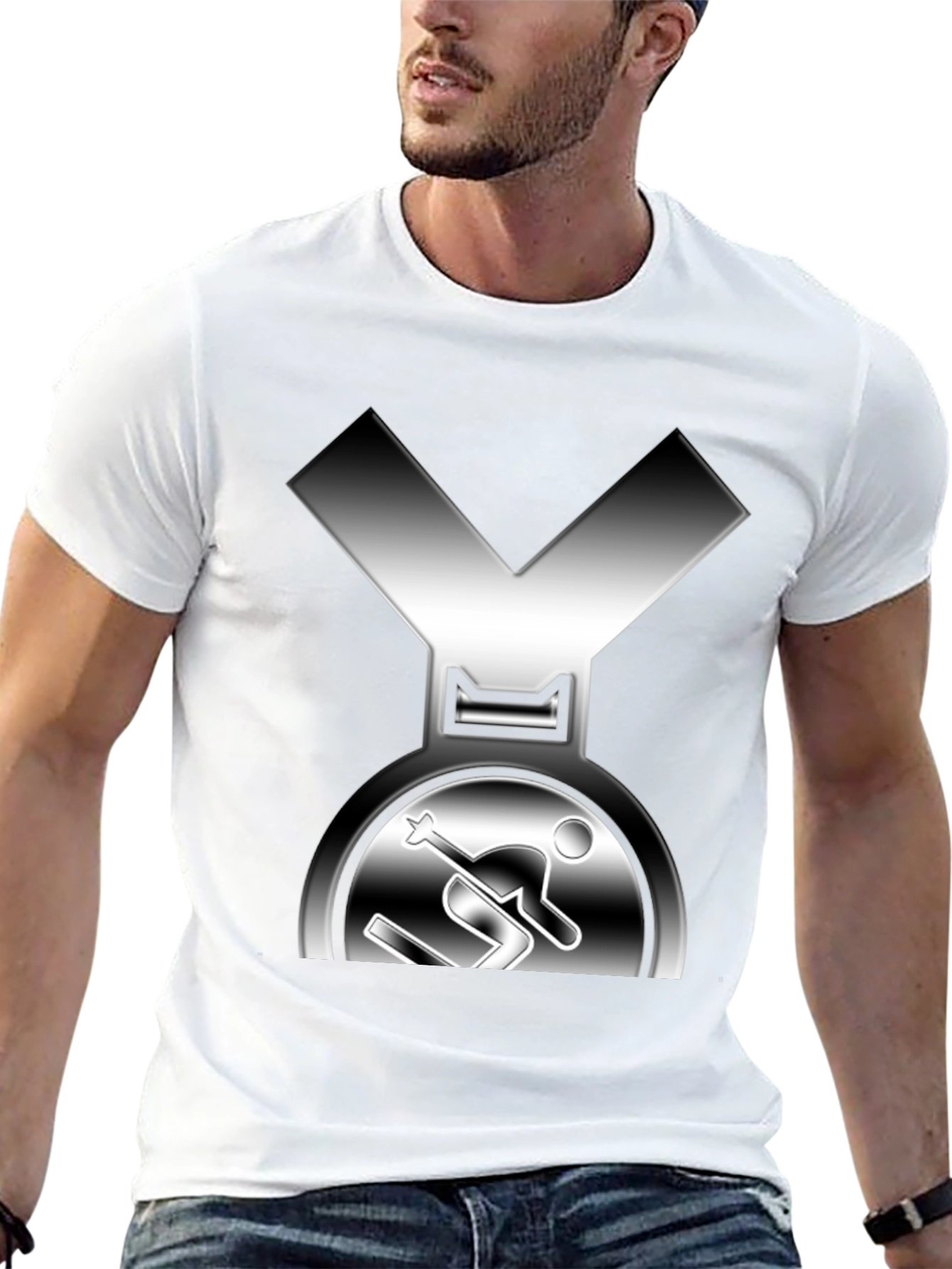 Skiing Medal Graphic Tee - Black Cotton T-Shirt