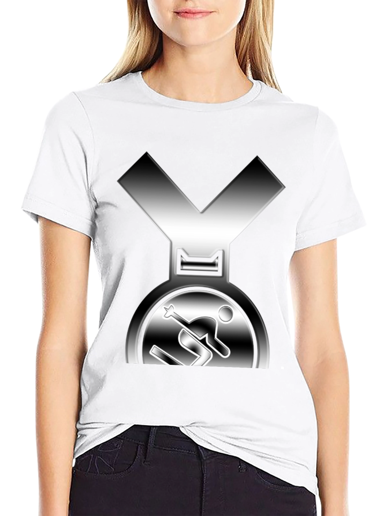 Skiing Medal Graphic Tee - Black Cotton T-Shirt