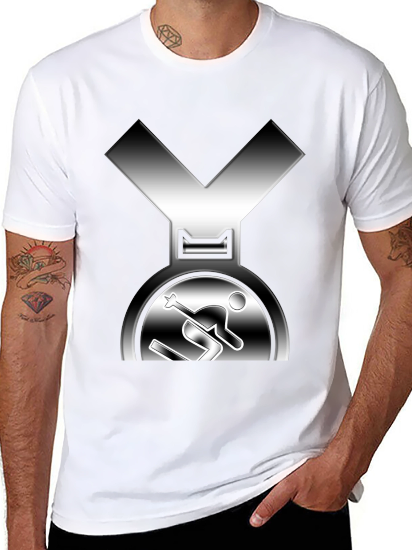 Skiing Medal Graphic Tee - Black Cotton T-Shirt