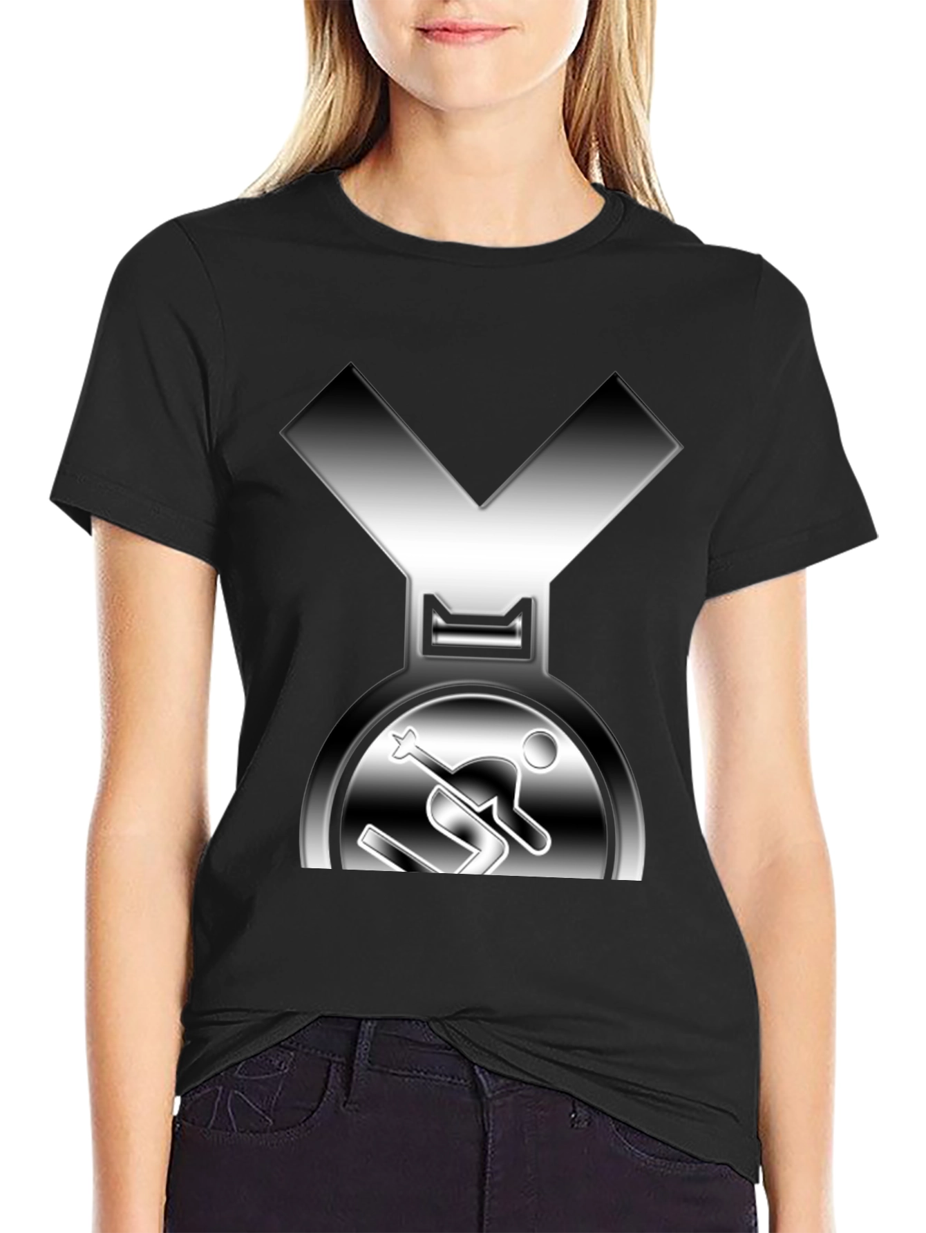 Skiing Medal Graphic Tee - Black Cotton T-Shirt