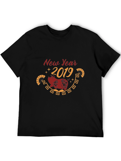 New Year 2019 Pig Graphic Black T-Shirt