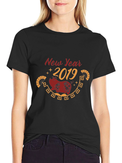 New Year 2019 Pig Graphic Black T-Shirt