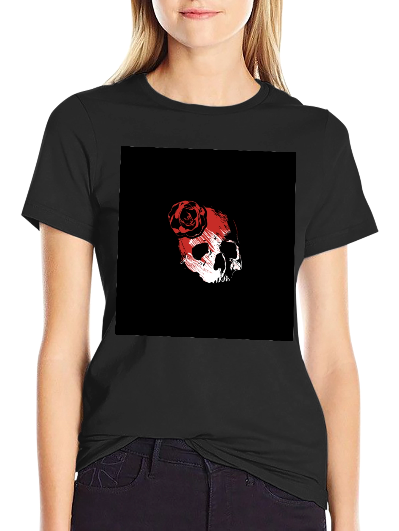 Skull & Rose Graphic Tee - Black Cotton Blend