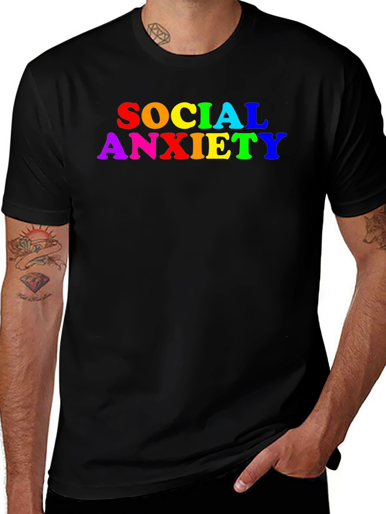 Social Anxiety Rainbow Text Black T-Shirt