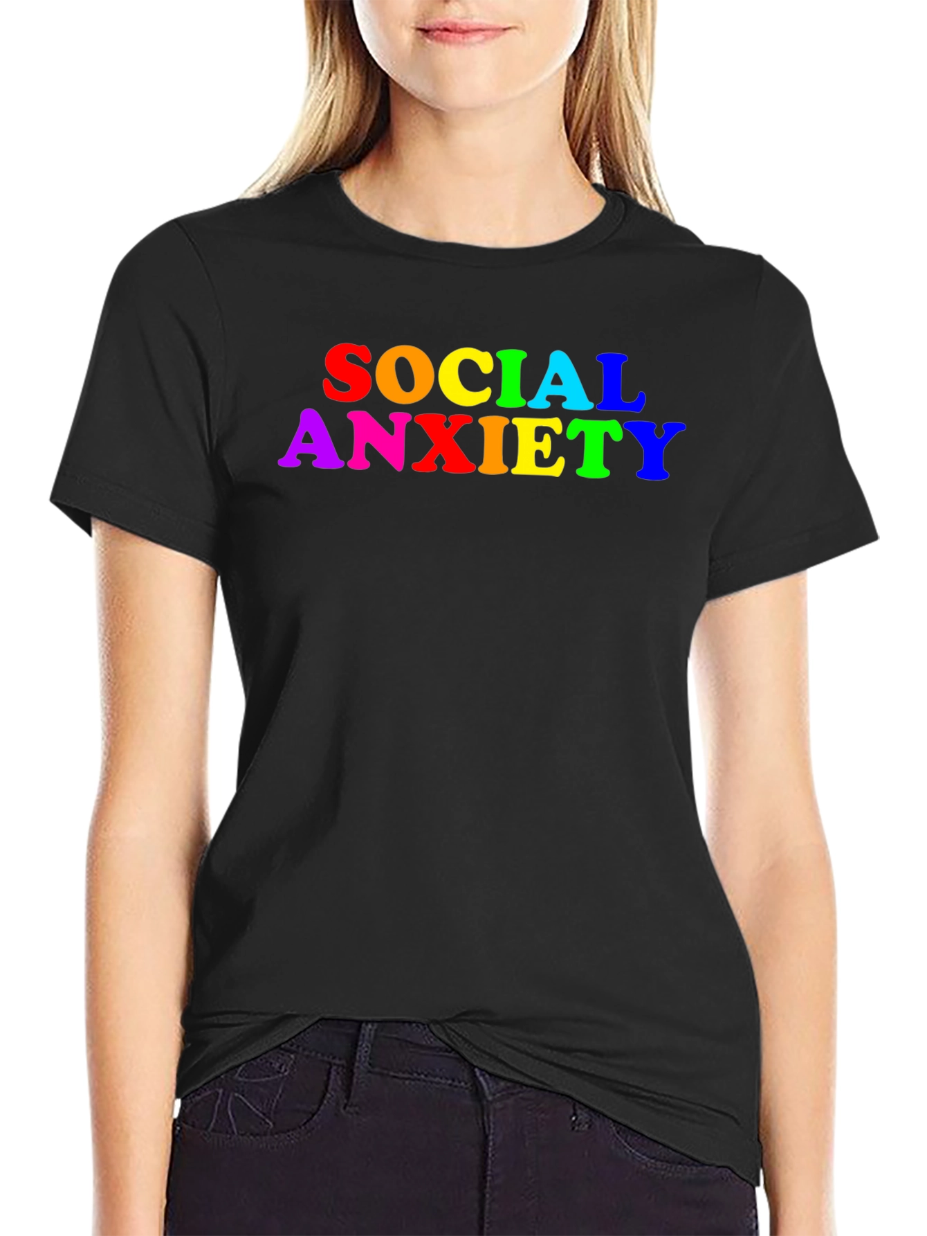 Social Anxiety Rainbow Text Black T-Shirt