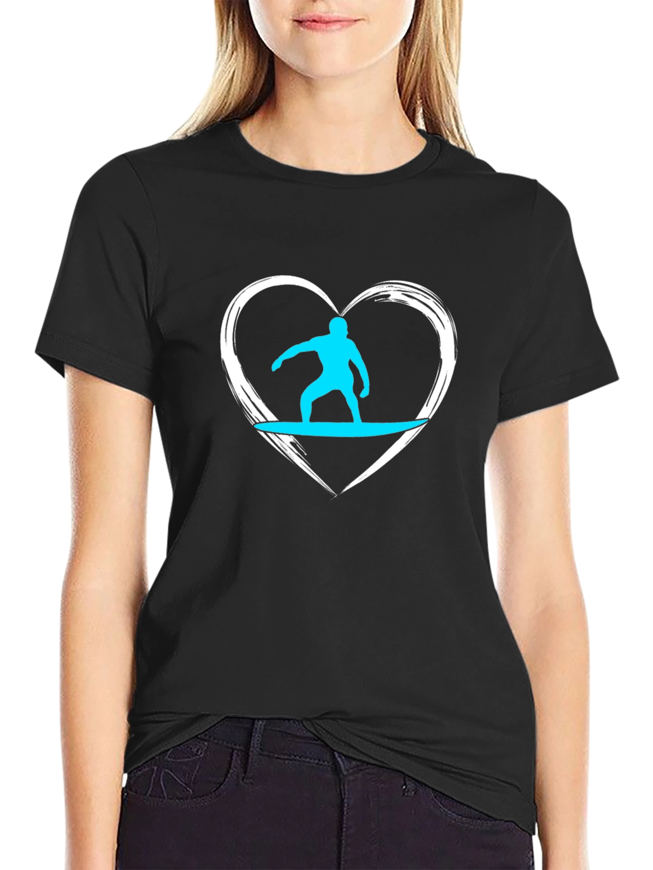 Surfer Heart Graphic Tee - Black Cotton Casual T-Shirt
