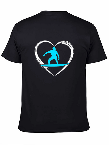 Surfer Heart Graphic Tee - Black Cotton Casual T-Shirt
