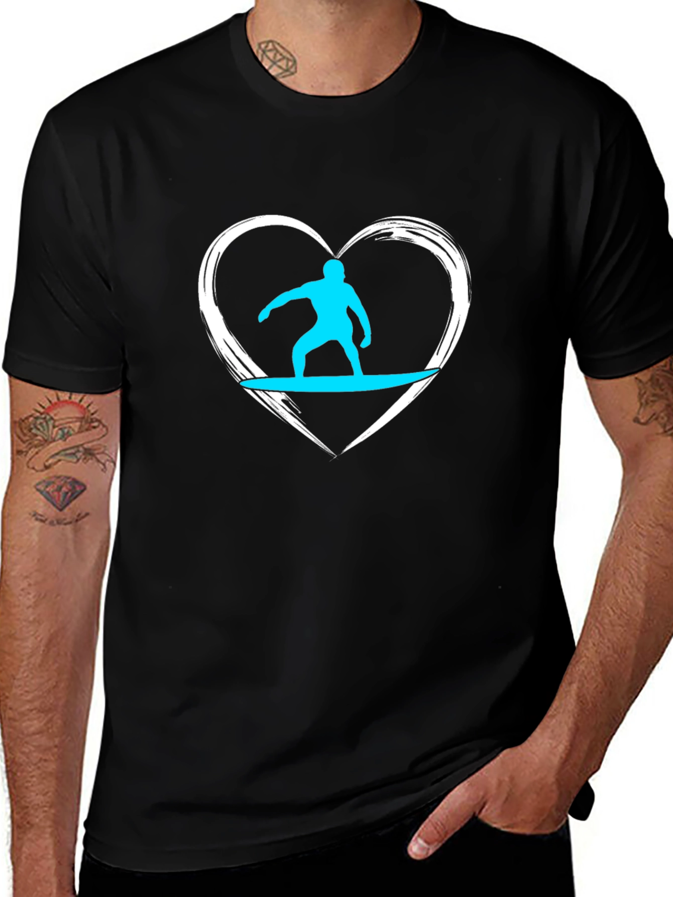 Surfer Heart Graphic Tee - Black Cotton Casual T-Shirt