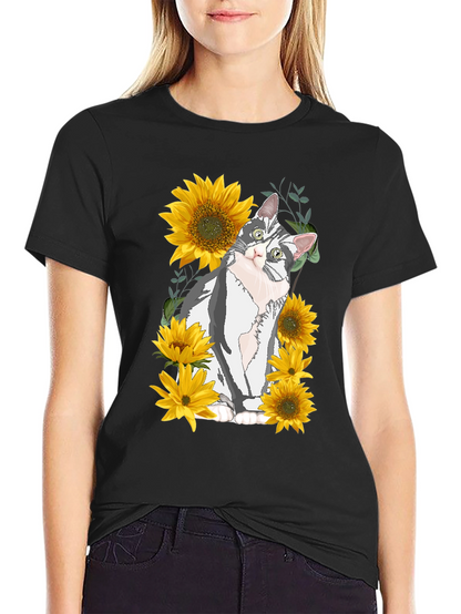 Cat & Sunflower Graphic Print T-Shirt