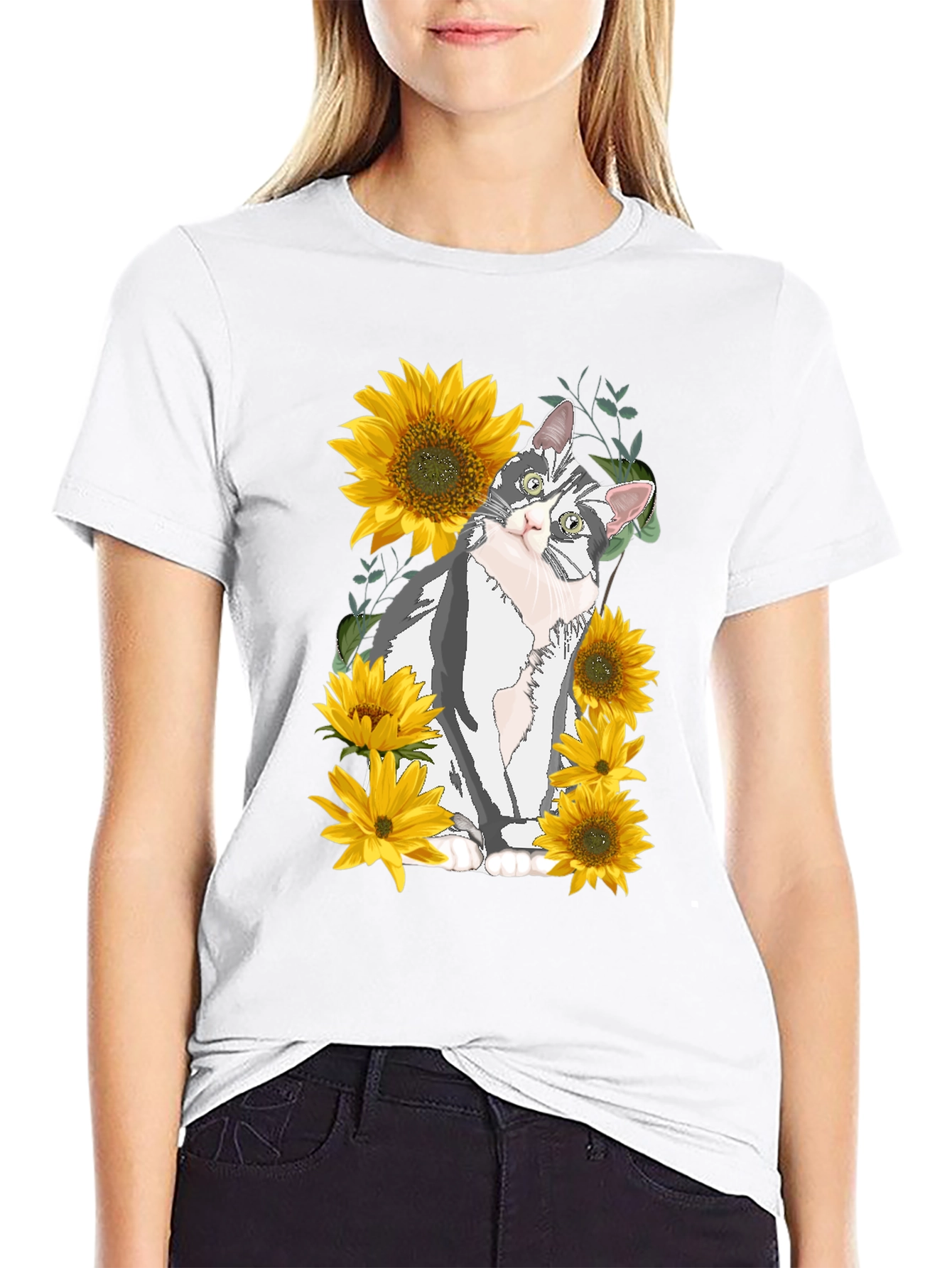 Cat & Sunflower Graphic Print T-Shirt