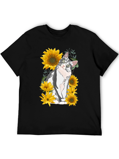 Cat & Sunflower Graphic Print T-Shirt