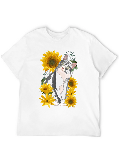 Cat & Sunflower Graphic Print T-Shirt