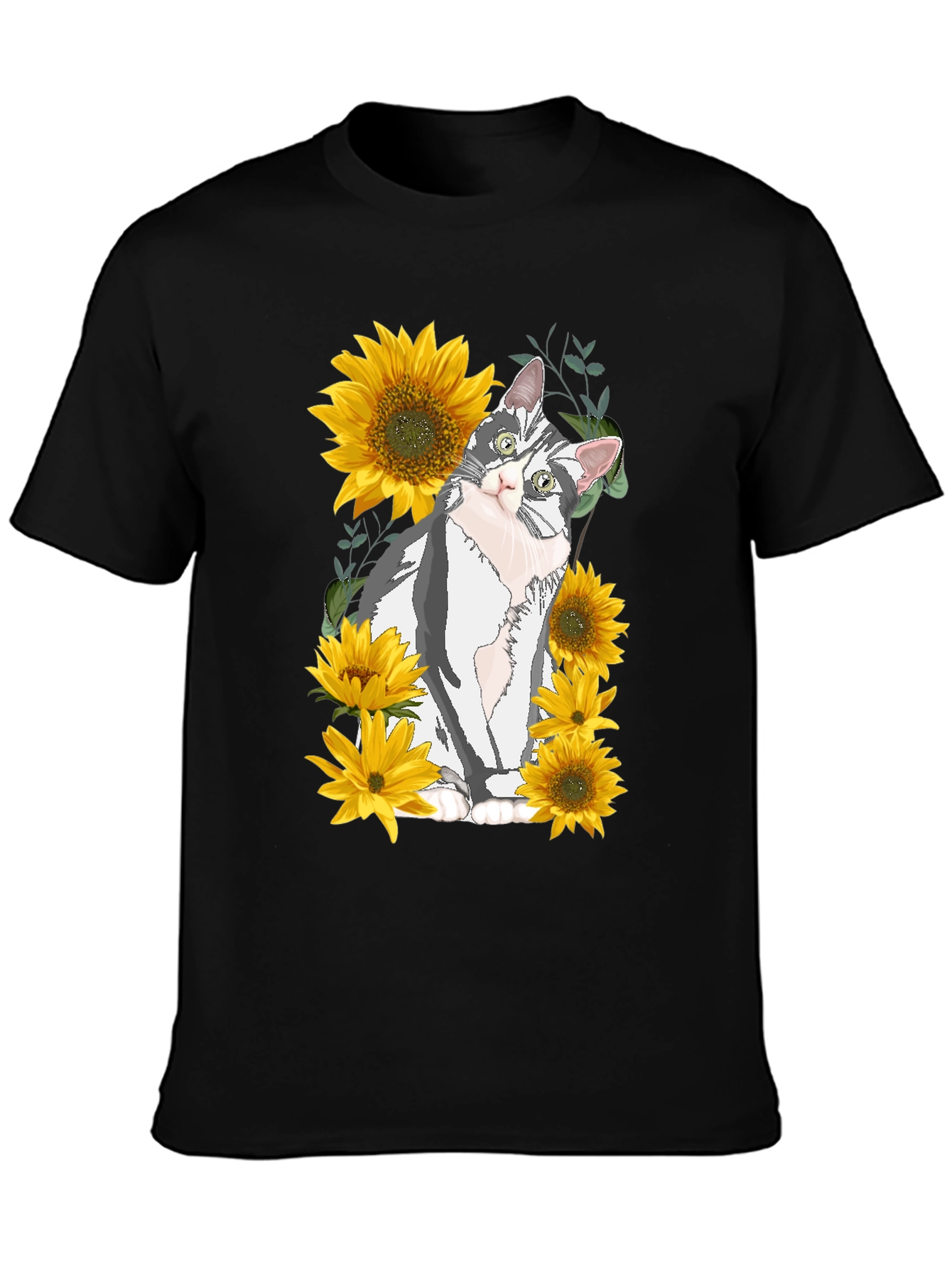 Cat & Sunflower Graphic Print T-Shirt