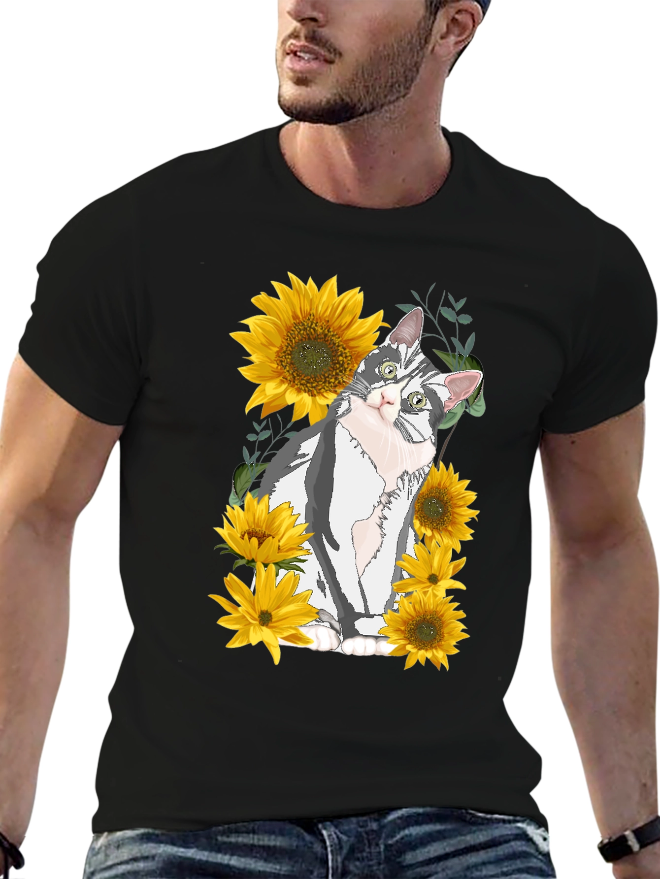 Cat & Sunflower Graphic Print T-Shirt