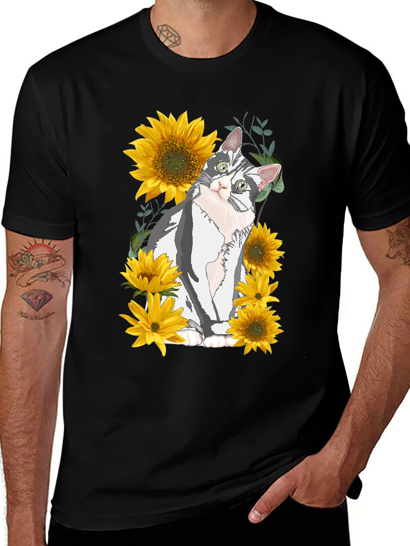 Cat & Sunflower Graphic Print T-Shirt