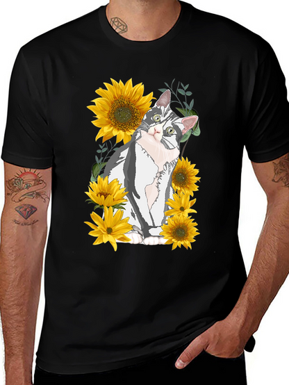 Cat & Sunflower Graphic Print T-Shirt