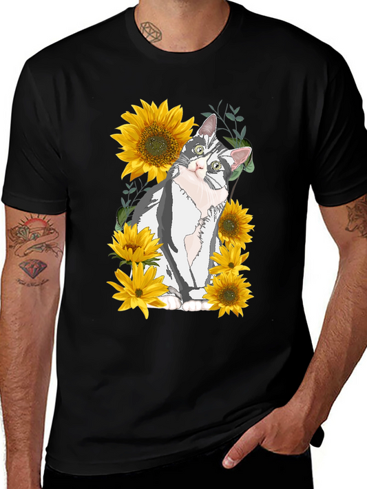 Cat & Sunflower Graphic Print T-Shirt