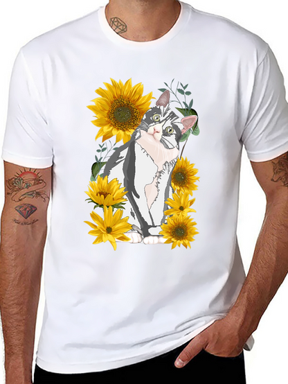 Cat & Sunflower Graphic Print T-Shirt