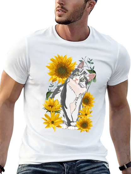 Cat & Sunflower Graphic Print T-Shirt