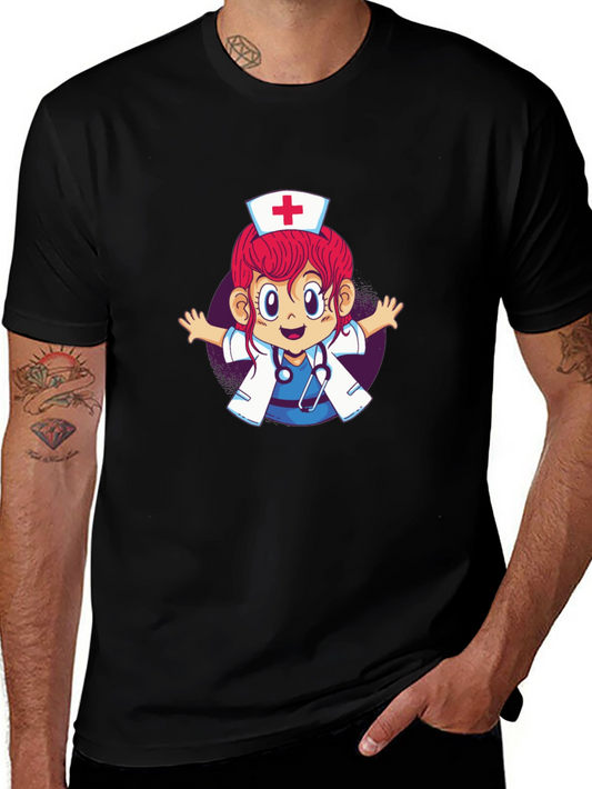 Cartoon Nurse Graphic T-Shirt - Black
