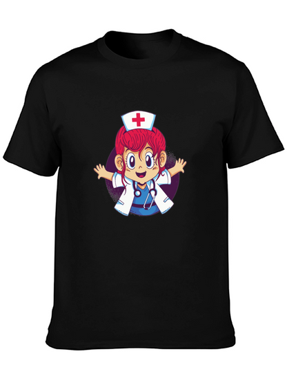 Cartoon Nurse Graphic T-Shirt - Black