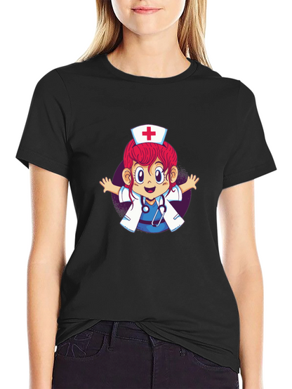Cartoon Nurse Graphic T-Shirt - Black