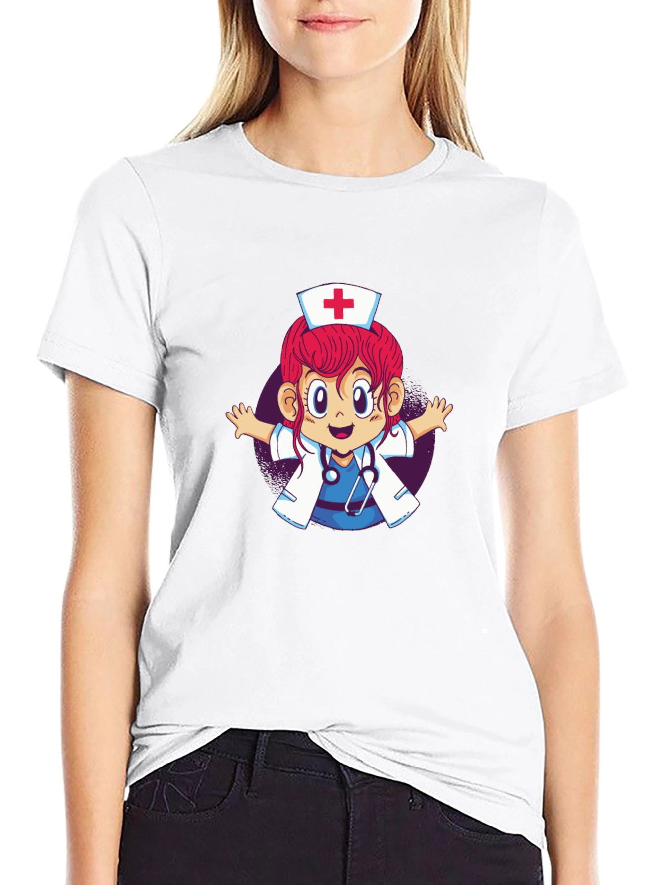 Cartoon Nurse Graphic T-Shirt - Black