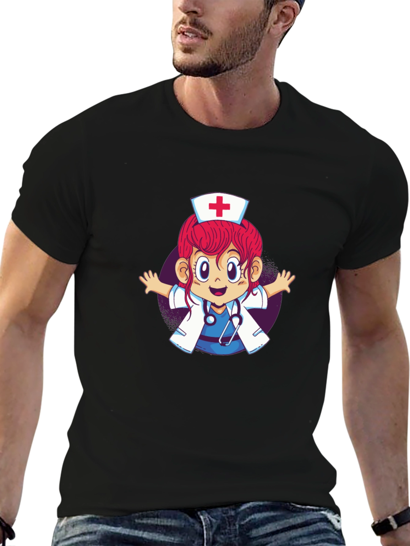 Cartoon Nurse Graphic T-Shirt - Black