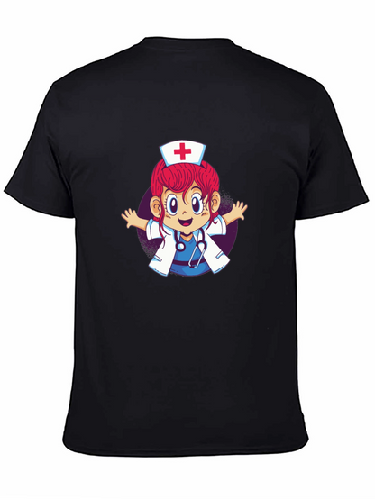 Cartoon Nurse Graphic T-Shirt - Black