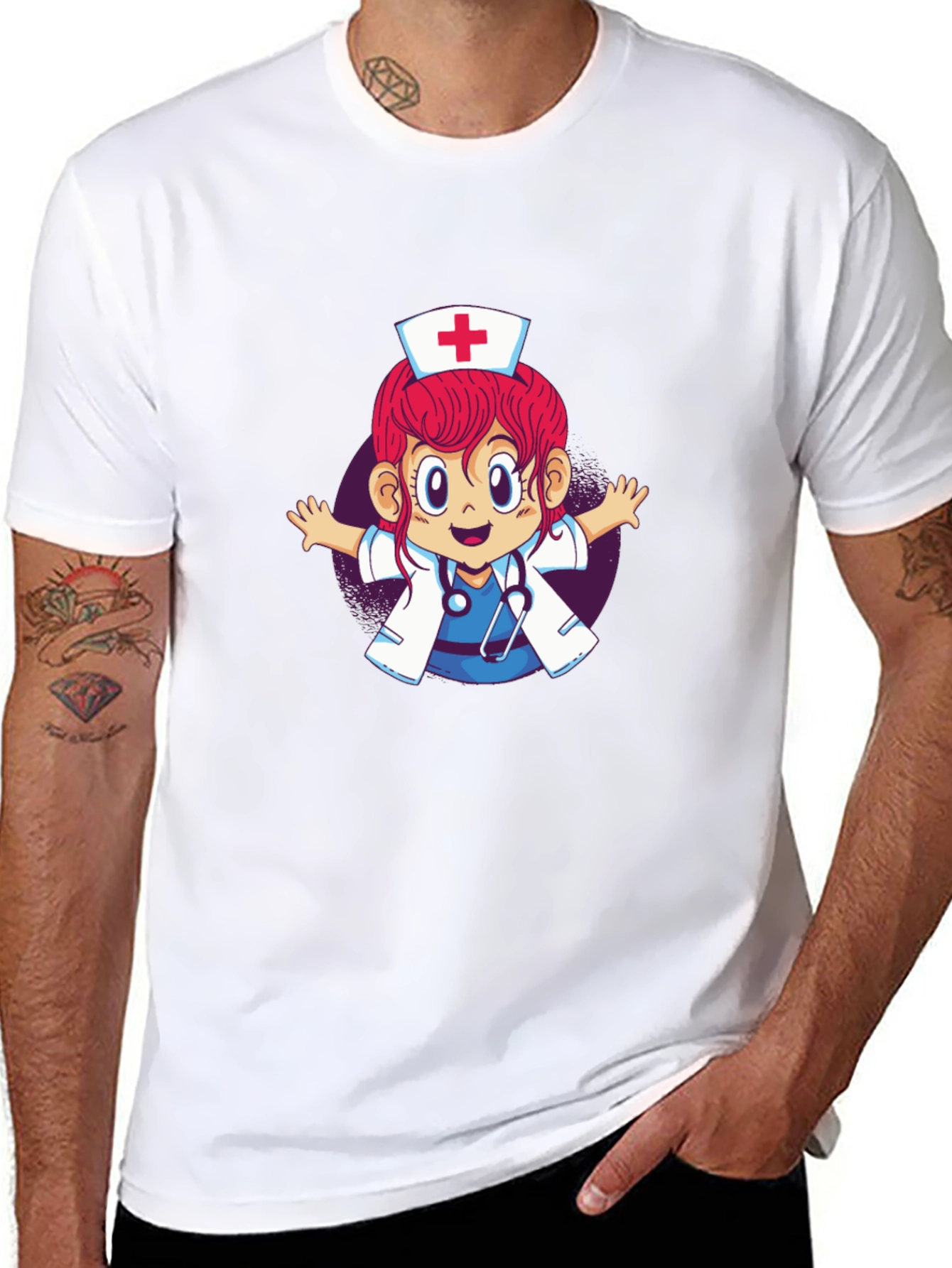 Cartoon Nurse Graphic T-Shirt - Black