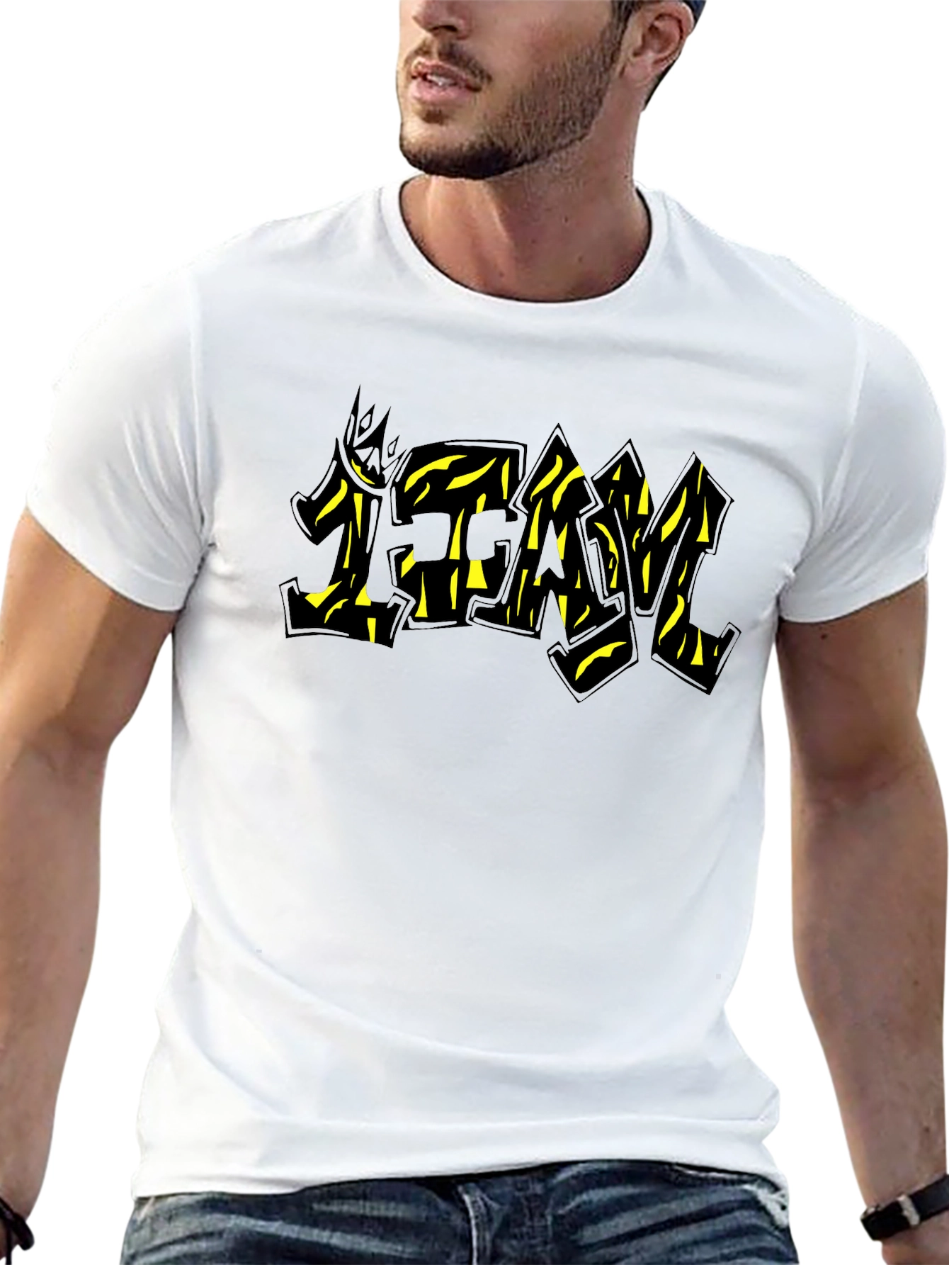 Black Graphic Tee - TEAM Yellow Graffiti Style Print