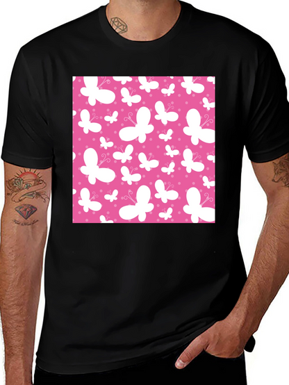 Pink Butterfly Pattern Black T-Shirt
