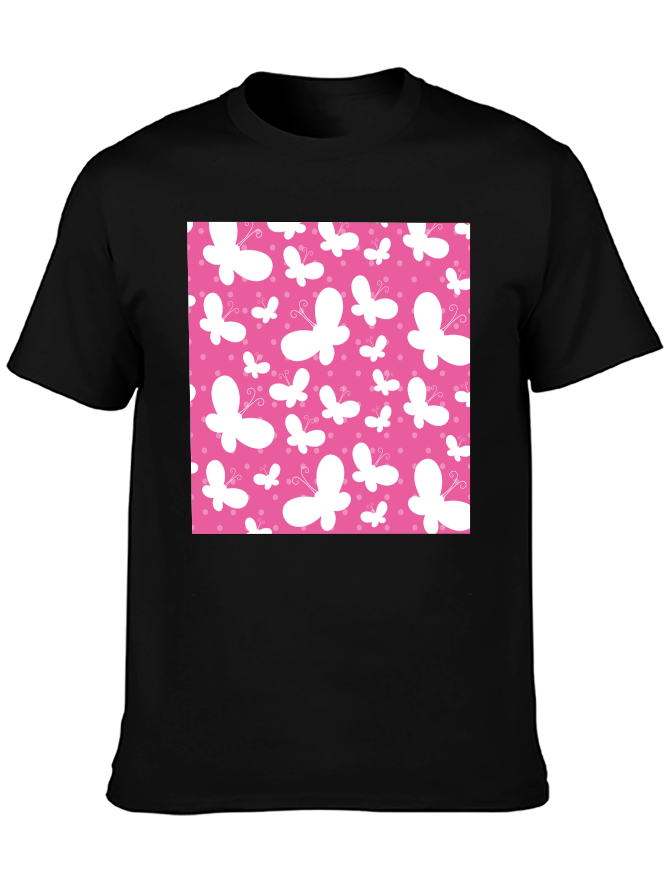 Pink Butterfly Pattern Black T-Shirt
