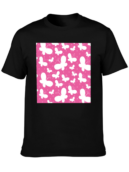 Pink Butterfly Pattern Black T-Shirt