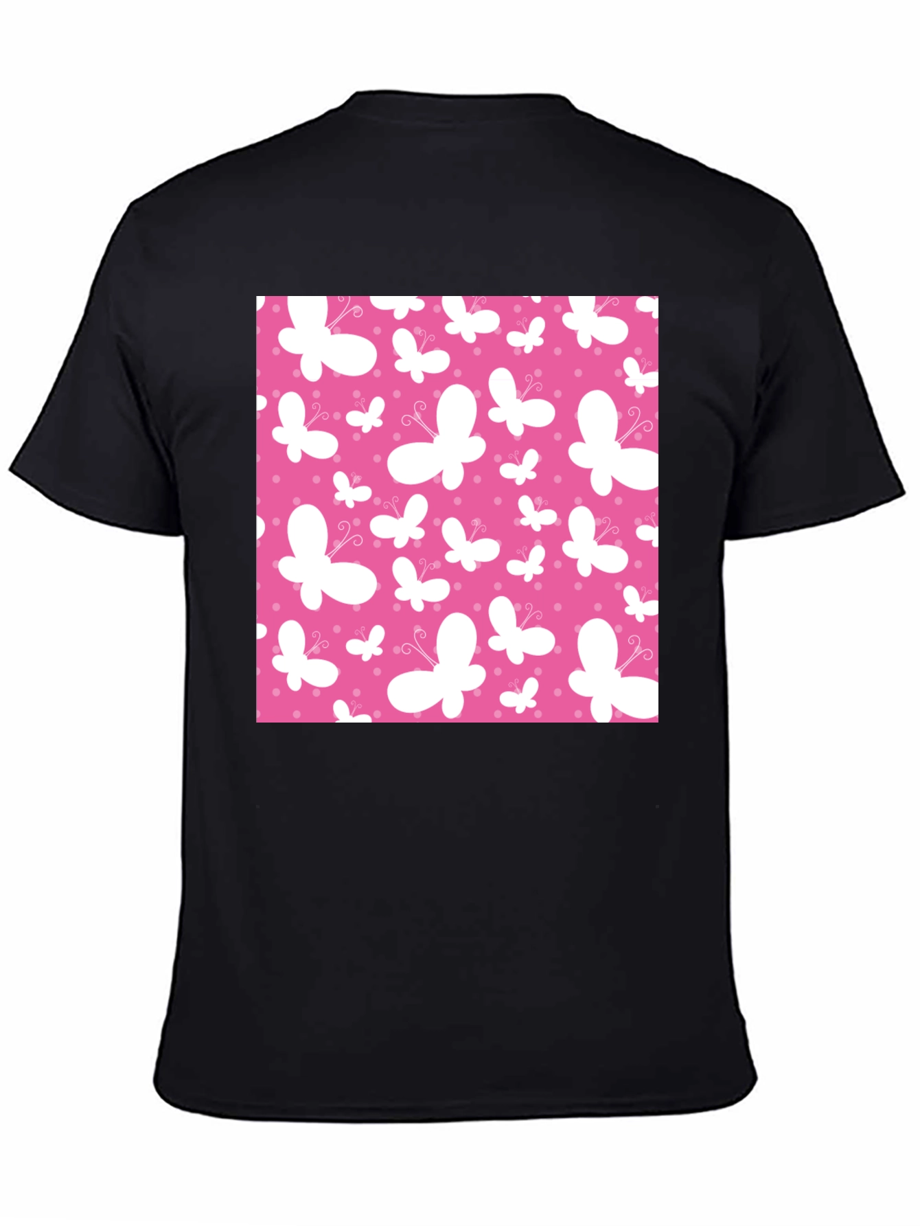 Pink Butterfly Pattern Black T-Shirt