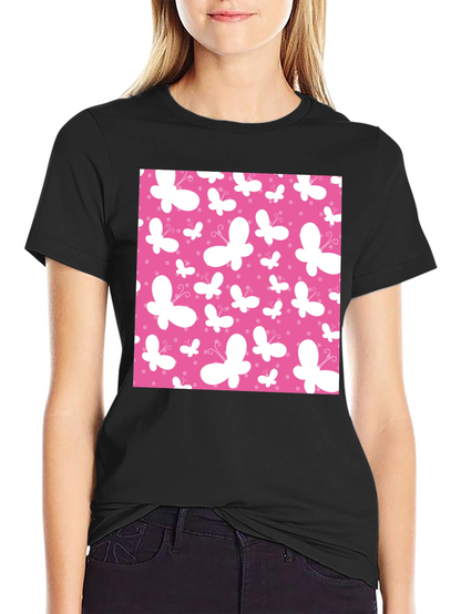 Pink Butterfly Pattern Black T-Shirt