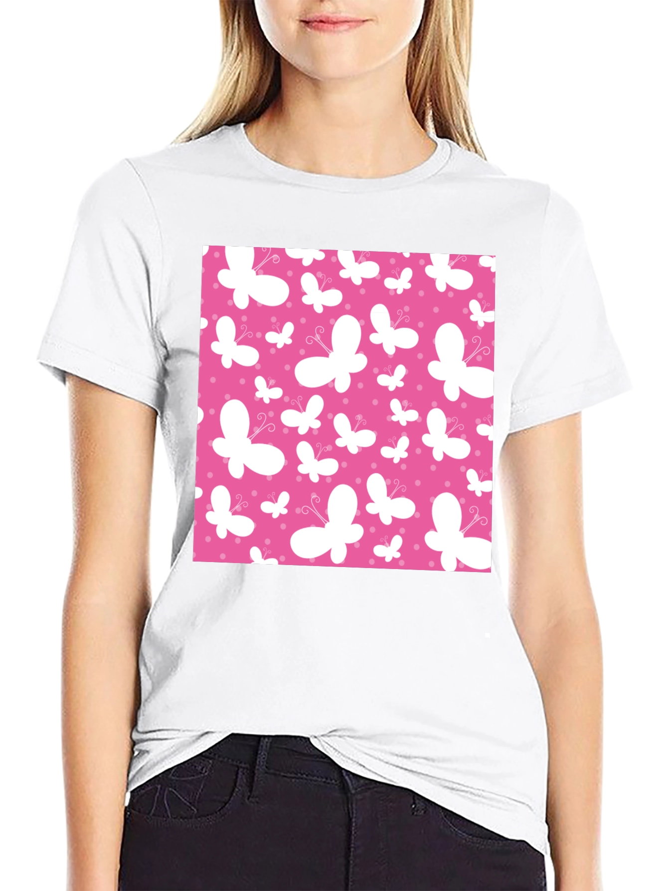 Pink Butterfly Pattern Black T-Shirt