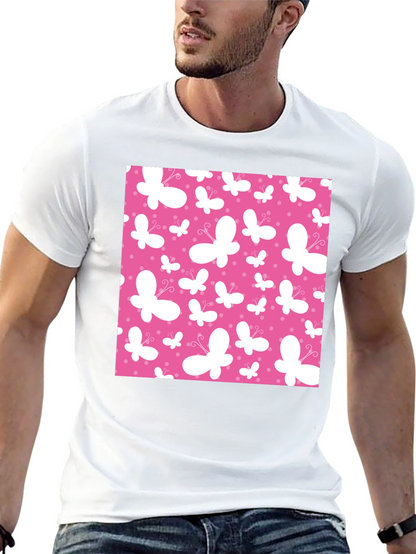 Pink Butterfly Pattern Black T-Shirt