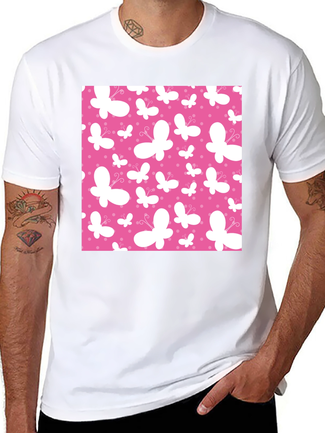 Pink Butterfly Pattern Black T-Shirt