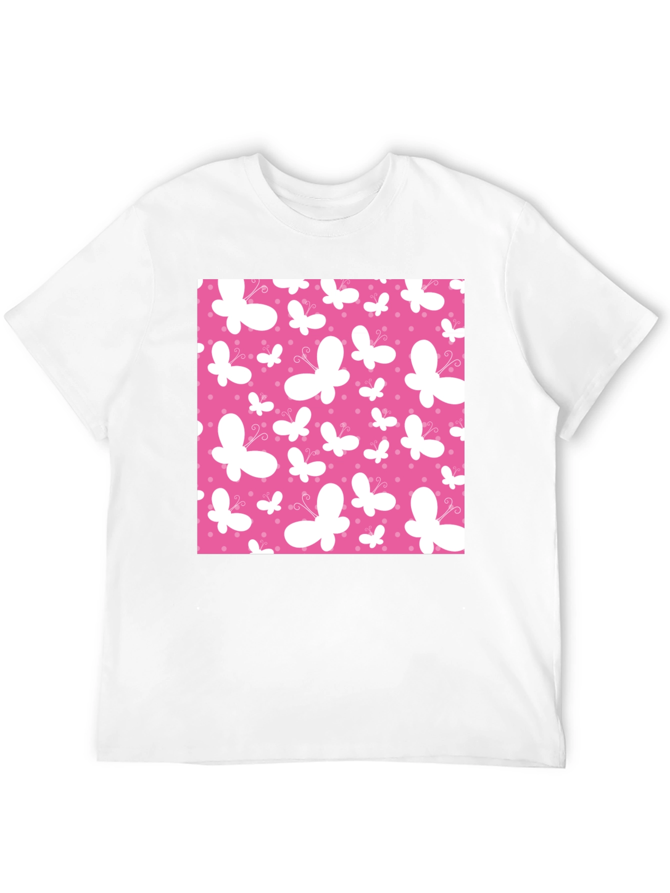 Pink Butterfly Pattern Black T-Shirt