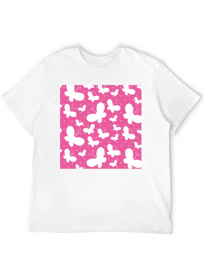 Pink Butterfly Pattern Black T-Shirt