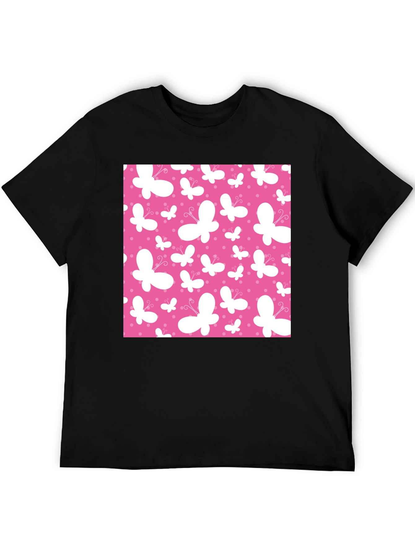 Pink Butterfly Pattern Black T-Shirt