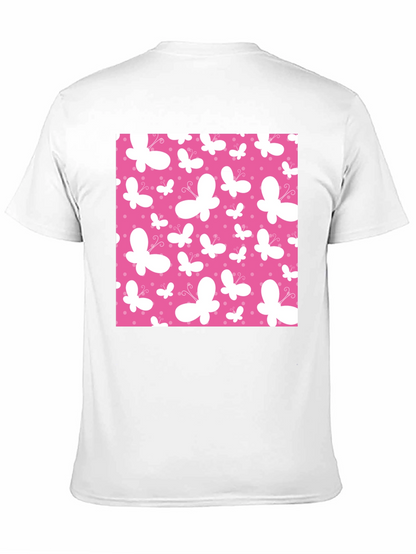 Pink Butterfly Pattern Black T-Shirt
